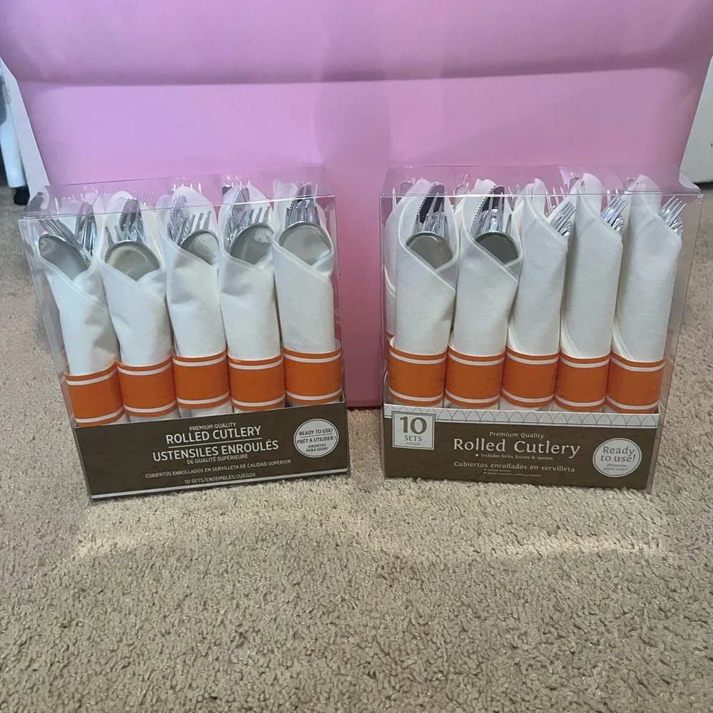 Orange and White Rolled Cutlery Set of 20 (10 per box)